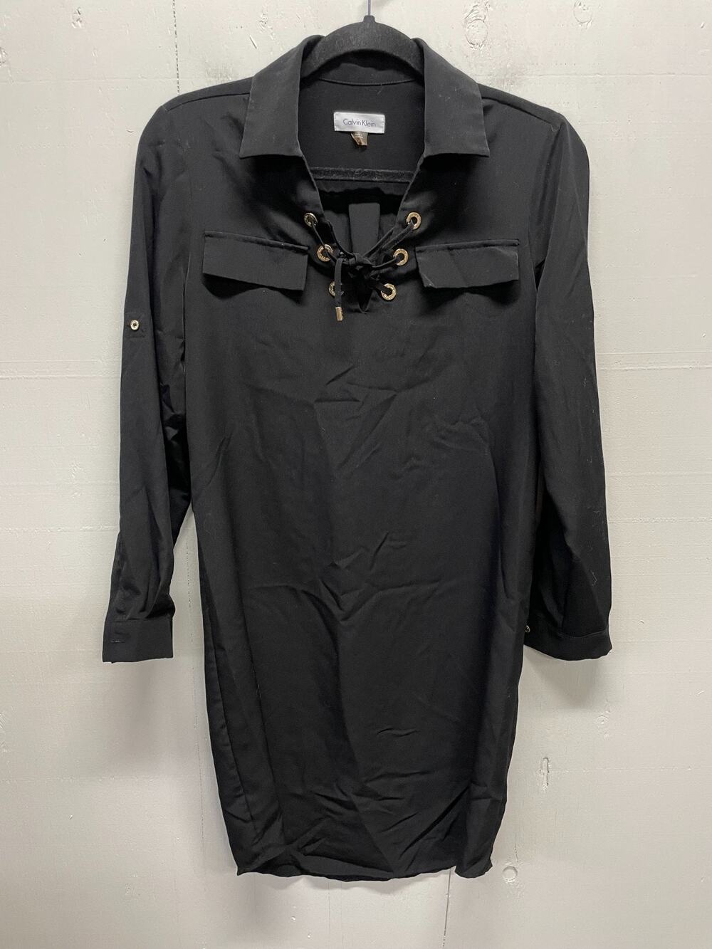 Calvin Klein Women's Shirt Dress Lace Up Grommet Detail Size 4 Knee Length Black